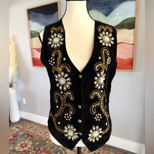 Vintage Embellished Black Velvet Vest with Beaded Floral Design